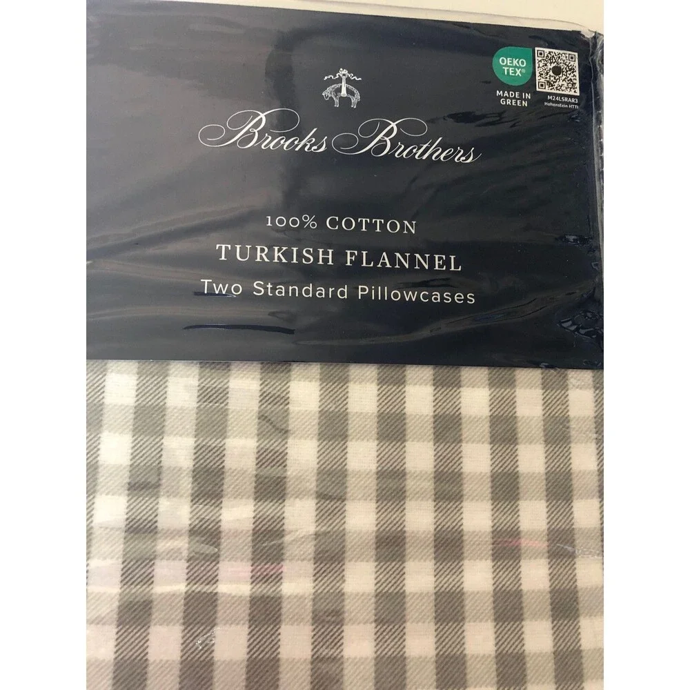 Brooks Brothers Turkish Flannel Standard Pillowcases Gray Check Plaid Set of 2